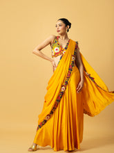 Load image into Gallery viewer, Golden yellow modal satin saree with multi coloured 3D work on blouse and saree edge