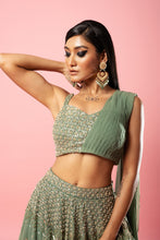Load image into Gallery viewer, Sage green drape lehenga set
