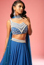 Load image into Gallery viewer, Blue pearl work lehenga with choker style dupatta
