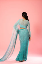 Load image into Gallery viewer, Featuring a Teal and powder blue ombre pre-stitched saree