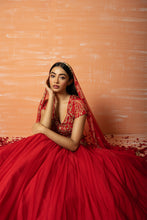 Load image into Gallery viewer, Red Hand Embroidered Net Lehenga Set