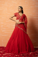 Load image into Gallery viewer, Red Hand Embroidered Net Lehenga Set