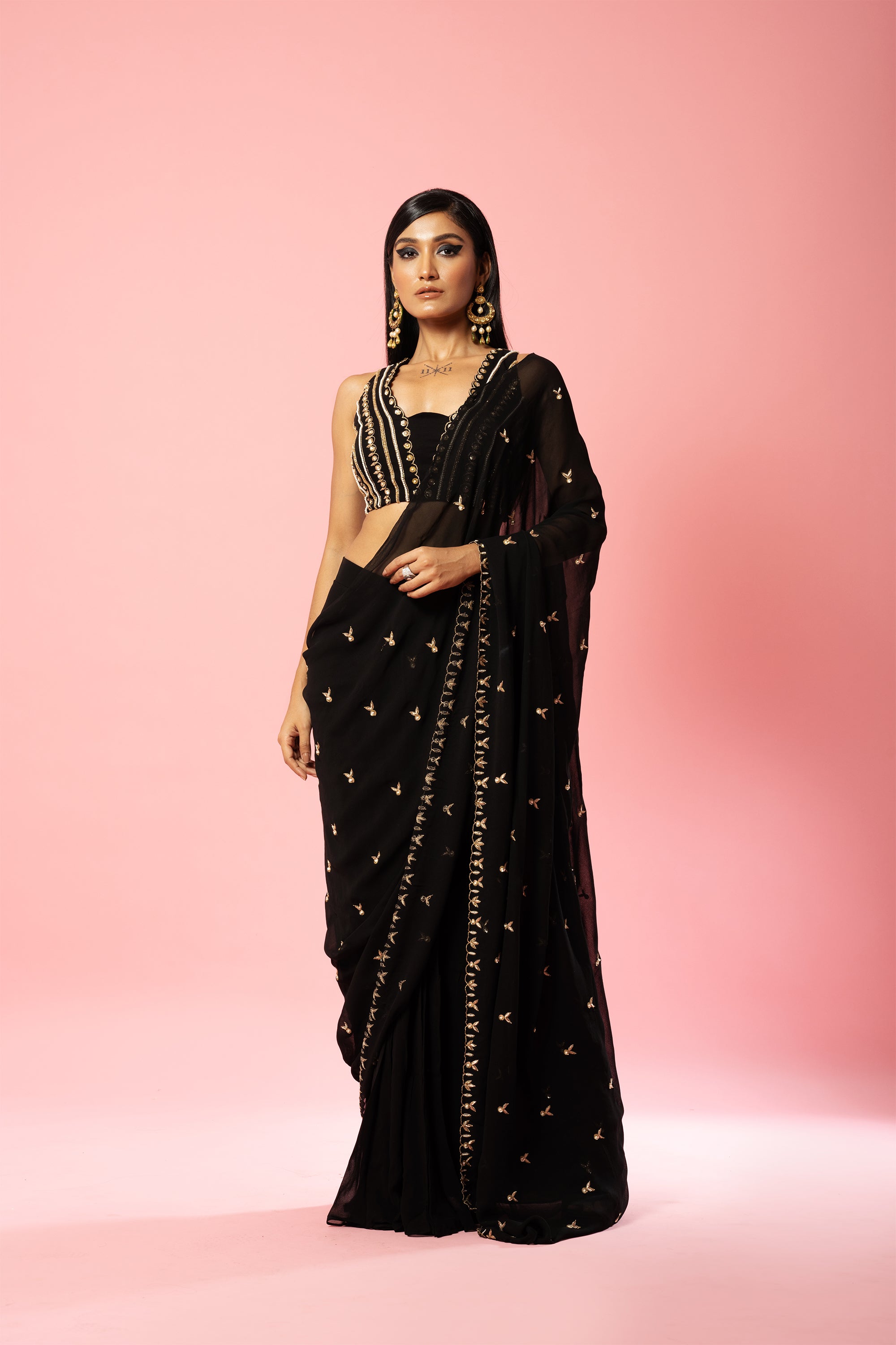Black Pure Silk Tassels Embroidered Saree Set main image 0