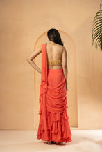 Load image into Gallery viewer, Peach embroidered pre-stitched drape ruffle saree