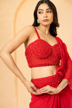 Load image into Gallery viewer, Red embroidered pre-stitched drape corset saree