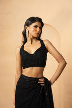 Load image into Gallery viewer, Black embroidered pre-stitched drape saree