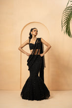 Load image into Gallery viewer, Black embroidered fishtail lehenga with drape twisted dupatta