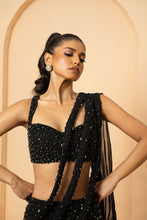 Load image into Gallery viewer, Black embroidered fishtail lehenga with drape twisted dupatta