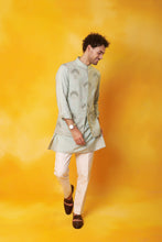 Load image into Gallery viewer, Grey Kurta and 2 in 1 open Nehru Jacket with Dori Embroidery with Ivory Trouser