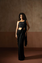 Load image into Gallery viewer, Predraped , black hand embroidered georgette saree