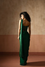 Load image into Gallery viewer, Predraped, emerald green hand embroidered satin saree with corset blouse