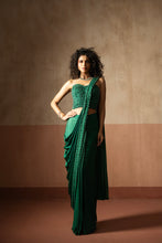 Load image into Gallery viewer, Predraped, emerald green hand embroidered satin saree with corset blouse
