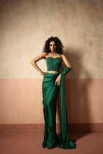 Load image into Gallery viewer, Predraped, emerald green hand embroidered satin saree with corset blouse