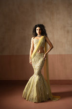 Load image into Gallery viewer, Fishtail style , sage green & pastel yellow hand embroidered , net &georgette...