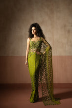 Load image into Gallery viewer, Predraped , mehendi green , hand embroidered net & satin saree