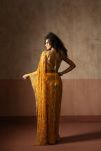 Load image into Gallery viewer, Predraped , mustard yellow , hand embroidered net & georgette saree