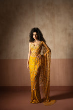 Load image into Gallery viewer, Predraped , mustard yellow , hand embroidered net & georgette saree
