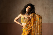 Load image into Gallery viewer, Predraped , mustard yellow , hand embroidered net & georgette saree