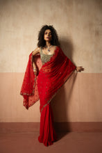 Load image into Gallery viewer, Predraped , red , hand embroidered net & georgette saree with golden blouse