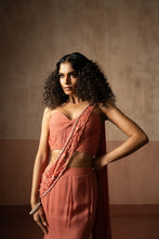 Load image into Gallery viewer, Fishtail style , peach coloured, hand embroidered georgette fishtail saree