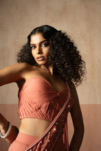 Load image into Gallery viewer, Fishtail style , peach coloured, hand embroidered georgette fishtail saree