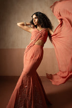 Load image into Gallery viewer, Fishtail style , peach coloured, hand embroidered georgette fishtail saree