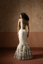 Load image into Gallery viewer, Fishtail style , white & multicoloured hand embroidered georgette fishtail s...