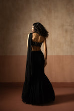 Load image into Gallery viewer, Fishtail saree , black , hand embroidered georgette saree