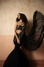 Load image into Gallery viewer, Fishtail saree , black , hand embroidered georgette saree