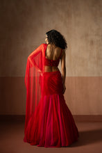 Load image into Gallery viewer, Fishtail style , red & fuschia pink coloured, hand embroidered , net &george...