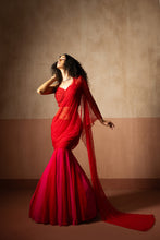 Load image into Gallery viewer, Fishtail style , red & fuschia pink coloured, hand embroidered , net &george...