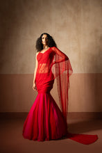 Load image into Gallery viewer, Fishtail style , red & fuschia pink coloured, hand embroidered , net &george...