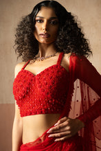Load image into Gallery viewer, Fishtail style , red & fuschia pink coloured, hand embroidered , net &george...