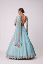Load image into Gallery viewer, POWDER BLUE ORGANZA MIRROR EMBROIDERED LEHENGA SET