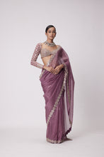 Load image into Gallery viewer, MUD MAUVE HAND EMBROIDERED ORGANZA SAREE SET