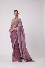 Load image into Gallery viewer, MUD MAUVE HAND EMBROIDERED ORGANZA SAREE SET