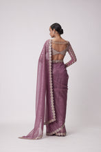 Load image into Gallery viewer, MUD MAUVE HAND EMBROIDERED ORGANZA SAREE SET