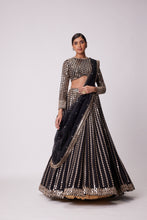 Load image into Gallery viewer, BLACK LINEAR MIRROR EMBROIDERED ORGANZA LEHENGA SET