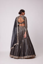 Load image into Gallery viewer, BLACK LINEAR MIRROR EMBROIDERED ORGANZA LEHENGA SET