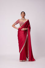 Load image into Gallery viewer, CRIMSON RED SATIN MIRROR EMBROIDERED SAREE SET