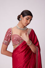 Load image into Gallery viewer, CRIMSON RED SATIN MIRROR EMBROIDERED SAREE SET