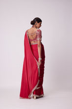 Load image into Gallery viewer, CRIMSON RED SATIN MIRROR EMBROIDERED SAREE SET