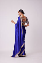 Load image into Gallery viewer, PERSIAN BLUE MIRROR EMBROIDERED SATIN SAREE SET