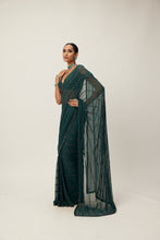 Load image into Gallery viewer, Dark Jade Green Crystal Linear Embroidered Saree