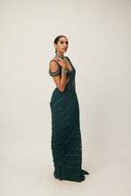 Load image into Gallery viewer, Dark Jade Green Crystal Linear Embroidered Saree