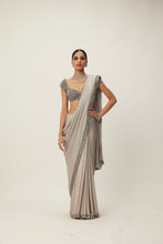 Load image into Gallery viewer, Crystal Grey Satin Saree Set