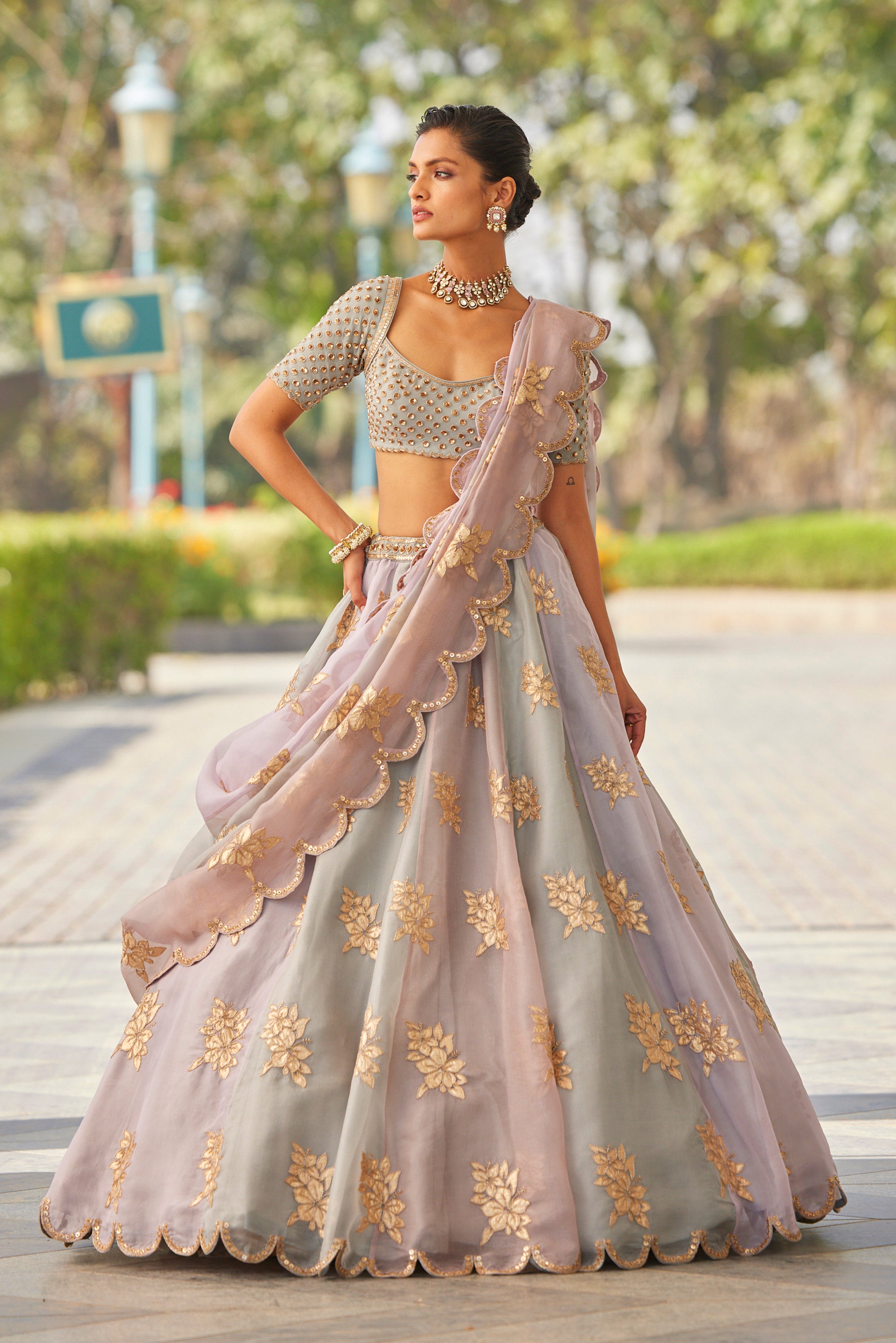 Grey Floral Silk Lehenga