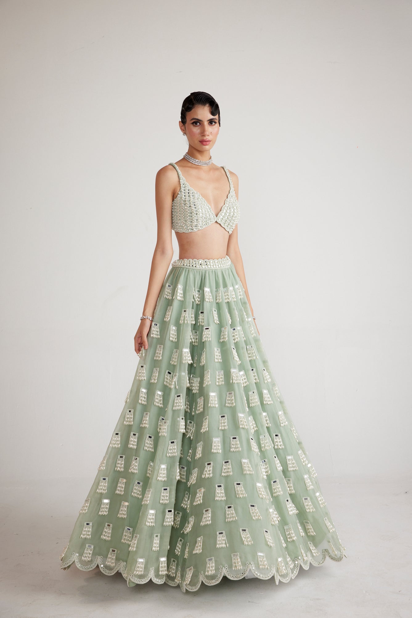Mint green lamhey lehenga set main image 1