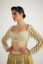 Load image into Gallery viewer, Fern Green Chandelier Pearl Drop Full Sleeve Lehenga Set
