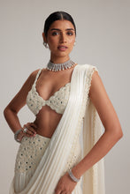 Load image into Gallery viewer, Off White Pearl and Mirror Embroidered satin draped saree set